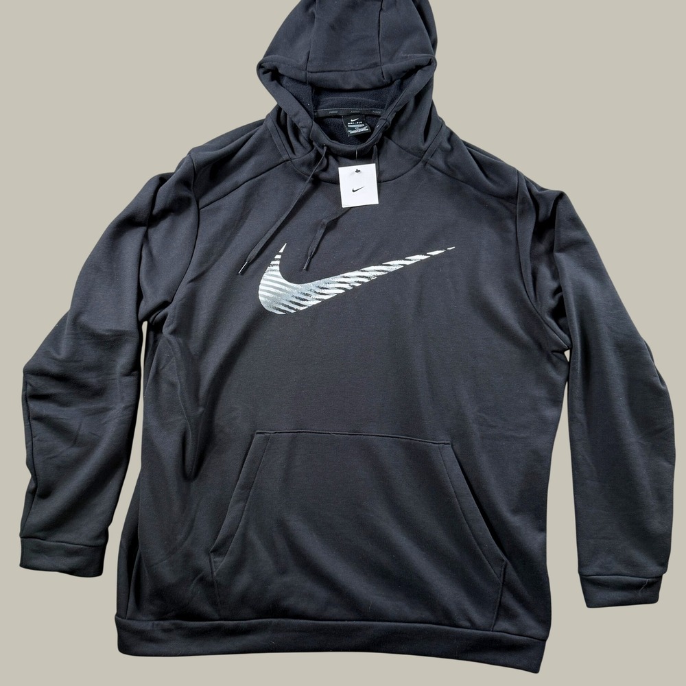 New Nike Hoodie Men XXL Black Dri-FIT Metallic Swoosh Pullover DJ0275-010